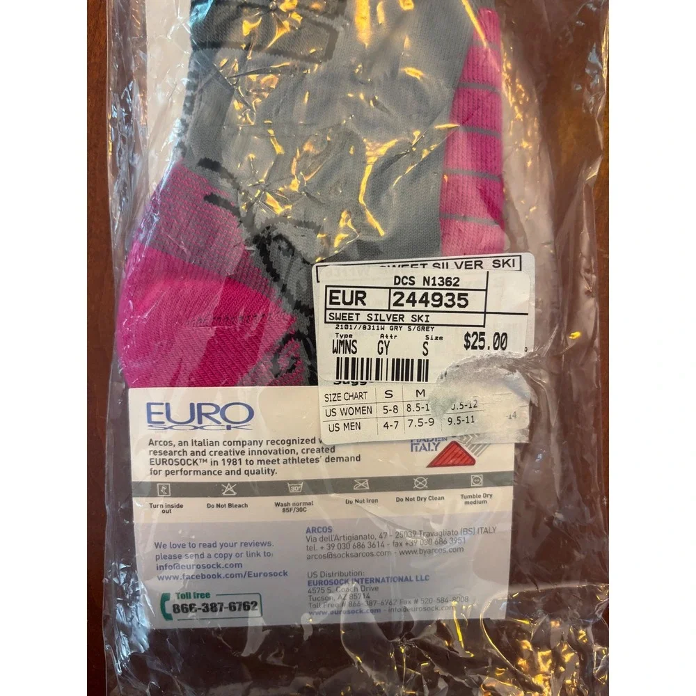 EURO Women's Sweet Silver Ski Socks Gray Pink Size Small New NWT Winter Athletic